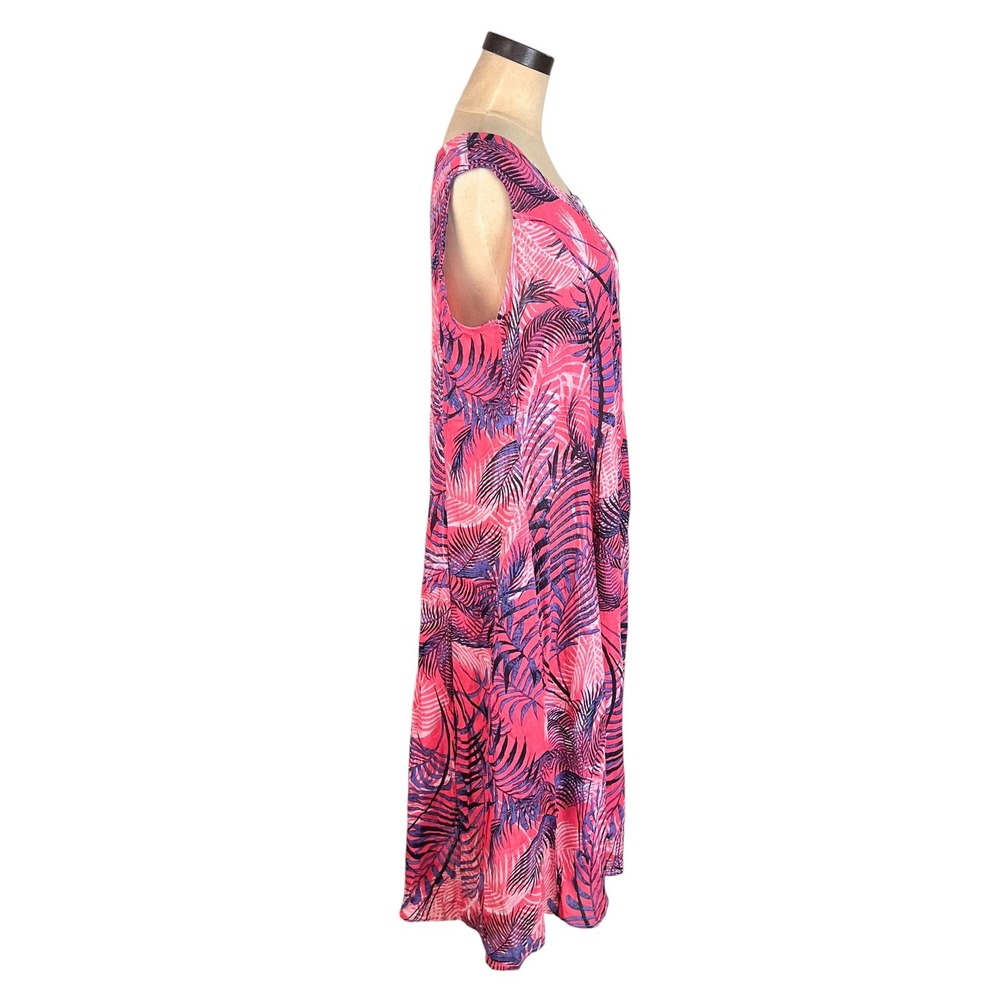 Easy Essentials Pink Purple Tropical Palm Print Rayon Button Front Midi Dress L - Picture 3 of 11